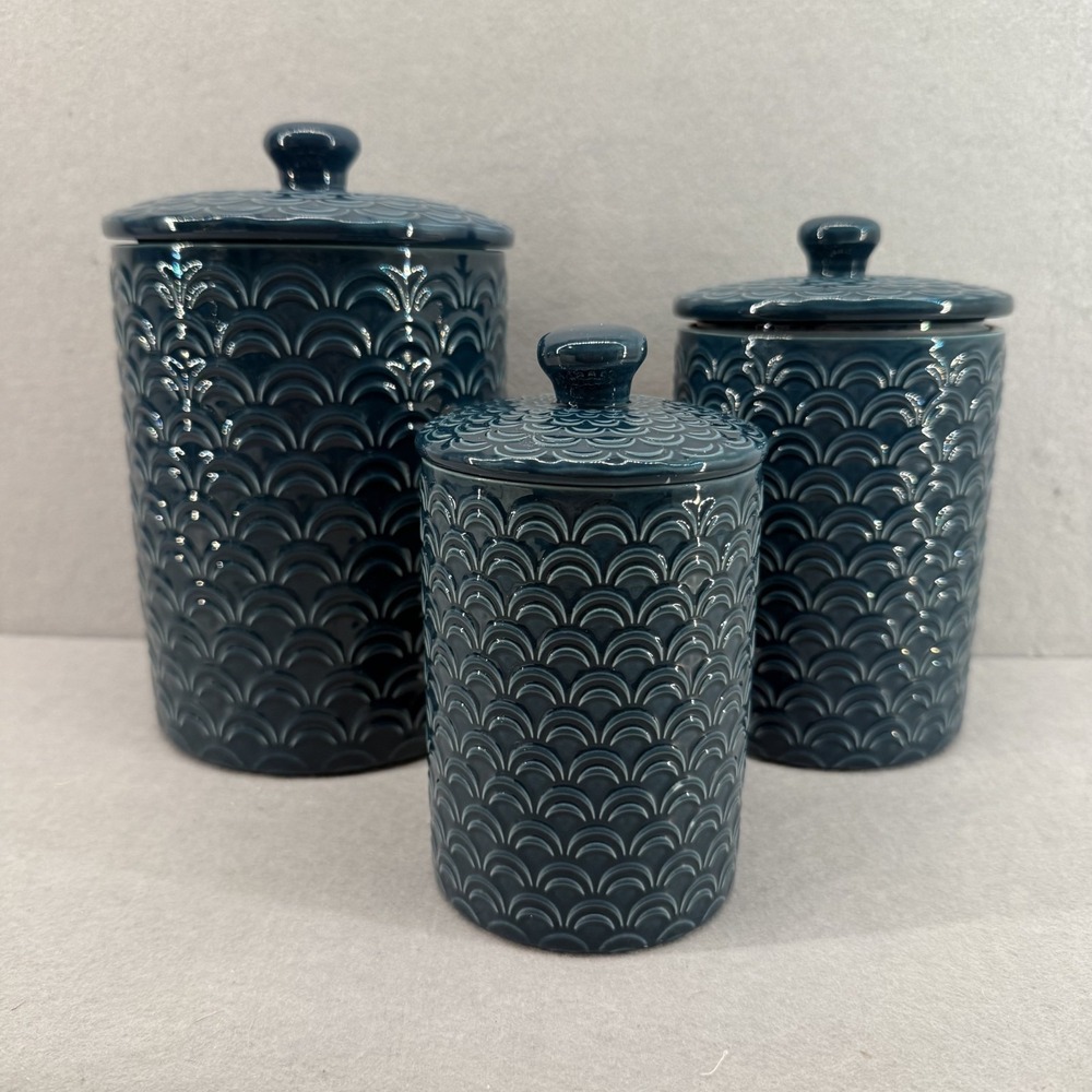 10 Strawberry Street "Tide" Canister Set 3 Blue Mermaid Scalloped
